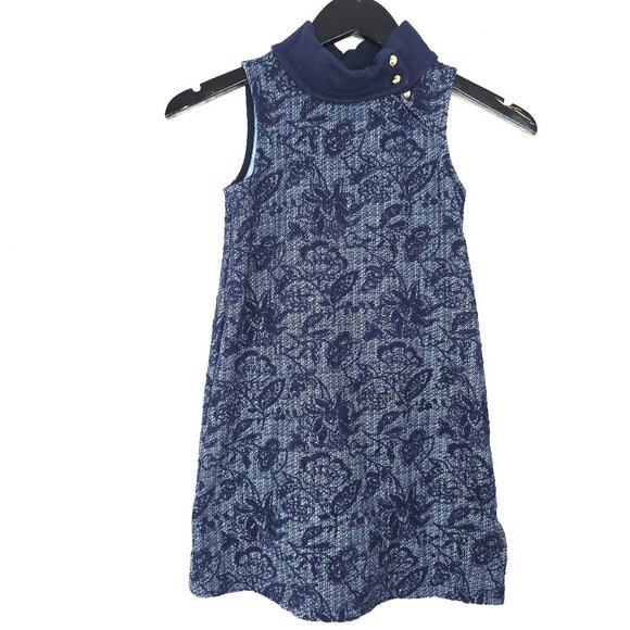 Janie and Jack Navy Blue Floral Jacquard Turtle Neck Tunic Dress Sleeveless Top - Picture 1 of 8
